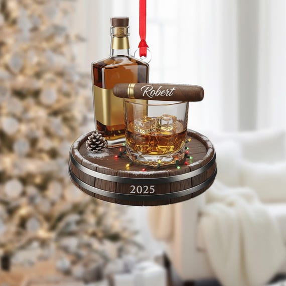 Personalized Whiskey and Cigar Ornament 2025 – Custom Name Bourbon Glass Ornament – Gentlemen Gift for Him Christmas Decor