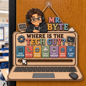 May include: A wooden door sign shaped like a laptop with a cartoon character wearing headphones. It features the text MR. BYTE and WHERE IS THE TECH GUY? with interactive status buttons for server room, calls, software, printers, and remote support.