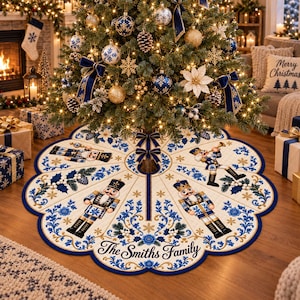 May include: A circular Christmas tree skirt with a scalloped edge, featuring a cream background with blue and gold nutcracker illustrations, floral patterns, and snowflakes. The text The Smiths Family is printed in black script at the bottom.