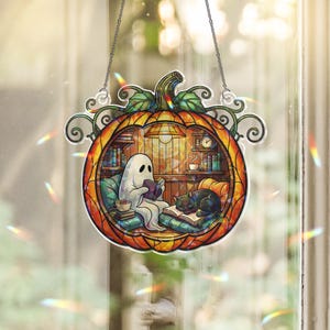 Pumpkin Ghost Cat Acrylic Hanging, Acrylic Halloween Window Decor, Cozy Fall Hologram Hanging, Spooky Reading Sun Catcher, Suncatcher Style