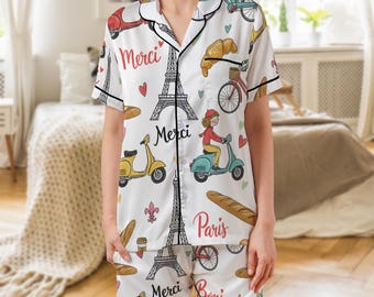 Satin Paris Print Pyjama Set - Damen Scooter Loungewear, Bonjour Croissant Geschenk