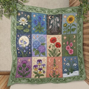 Botanical Quilt Blanket: Vintage Floral Patchwork Print Bedding