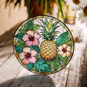 Tropical Pineapple Stained Glass Suncatcher, Summer Hibiscus Window Hanging, Sun Catcher Gift for Beach Home or Island Decor