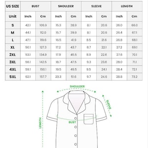 May include: A chart detailing measurements for an all-over print satin short-sleeve pajama top. Measurements are provided in inches and centimeters for bust, shoulder, sleeve, and length, across sizes S to 5XL. A diagram of the pajama top is also included.