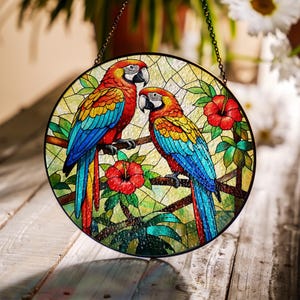 Parrot Glass Suncatcher | Tropical Bird Window Hanging with Hibiscus Flowers | Macaw Stained Glass Style Sun Catcher Jungle Decor