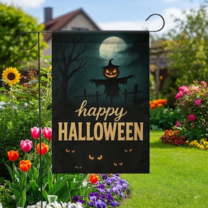 Happy Halloween Garden Flag, Scary Pumpkin Scarecrow Outdoor Yard Banner, Spooky Moonlit Porch Decoration, Gothic Seasonal Decor