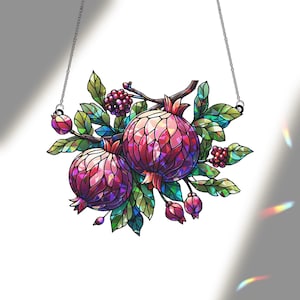 Pomegranate Hologram Window Hanging – Sun Catcher with Fruit and Leaves, Vibrant Kitchen or Garden Decor