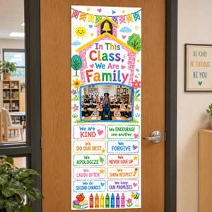 Könnte beinhalten: Ein vertikales Klassenzimmer-Türbanner mit dem Text In This Class, We Are Family, einem zentralen Foto von Schülern in einem Klassenzimmer sowie bunten Illustrationen von Schulsachen, Blumen und motivierenden Sprüchen im Wachsmalstil.