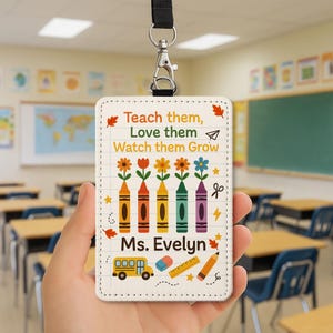 Personalized Teacher Badge Holder, Crayon Floral ID Card Case, Back to School Gift, Custom Name Tag, Cute Classroom Accessory, Cute badge