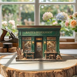 May include: A miniature green workshop model with the text "KATE'S WORKSHOP EST. 2024". The model features a detailed facade with windows, a door, and interior scenes of woodworking. The model is displayed on a wooden surface.