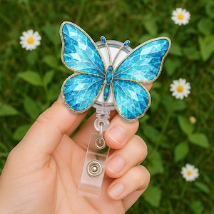 Blue Butterfly Badge Reel: Acrylic ID Holder