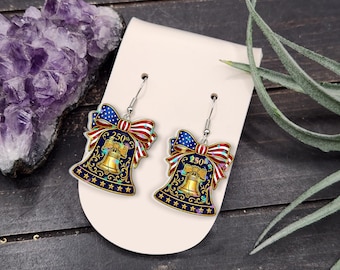 Acrylic Dangle Earrings: Liberty Bell 250th Anniversary Patriotic Design