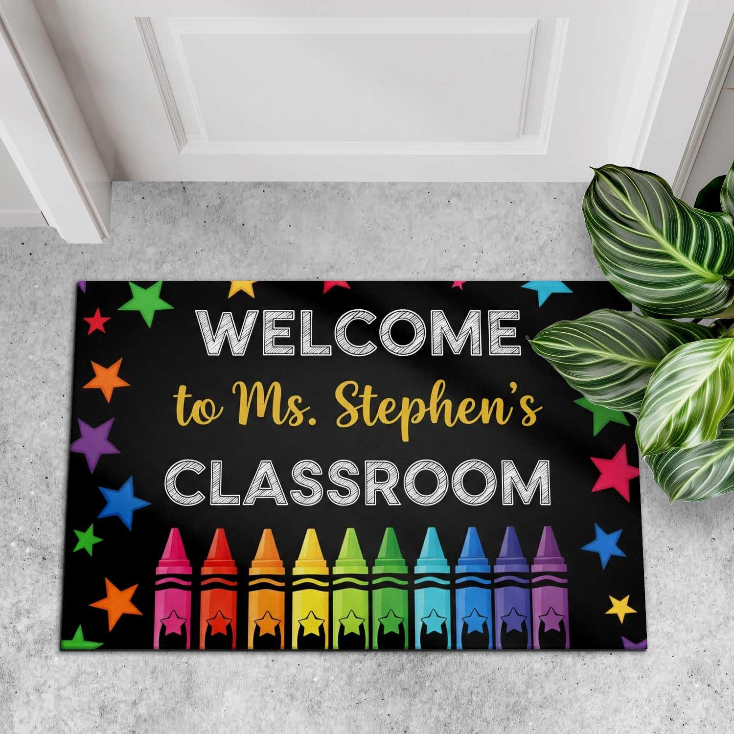 Tecaher Rug Welcome Classroom Doormat: Crayon Theme Teacher Rug With Rainbow Stars ...