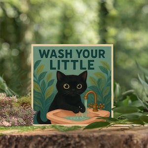 Funny Cat Bathroom Sign: Wash Your Kitty - Humorous Black Cat Decor
