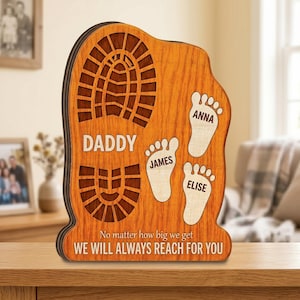 Personalized Daddy Footprint Sign, Custom Kids Name Father's Day Wood Plaque