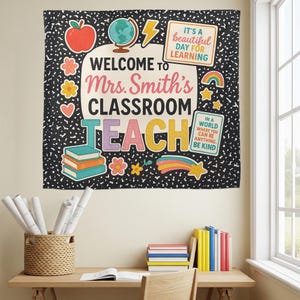 Welcome to Classroom Tapestry, Personalized Teacher Wall Hanging, Colorful School Room Decor, Back to School Teacher Gift