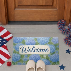 Hydrangea Welcome Doormat, Floral Front Porch Rug, Blue Flower Entry Mat, Spring Summer Door Decor, Watercolor Welcome Mat