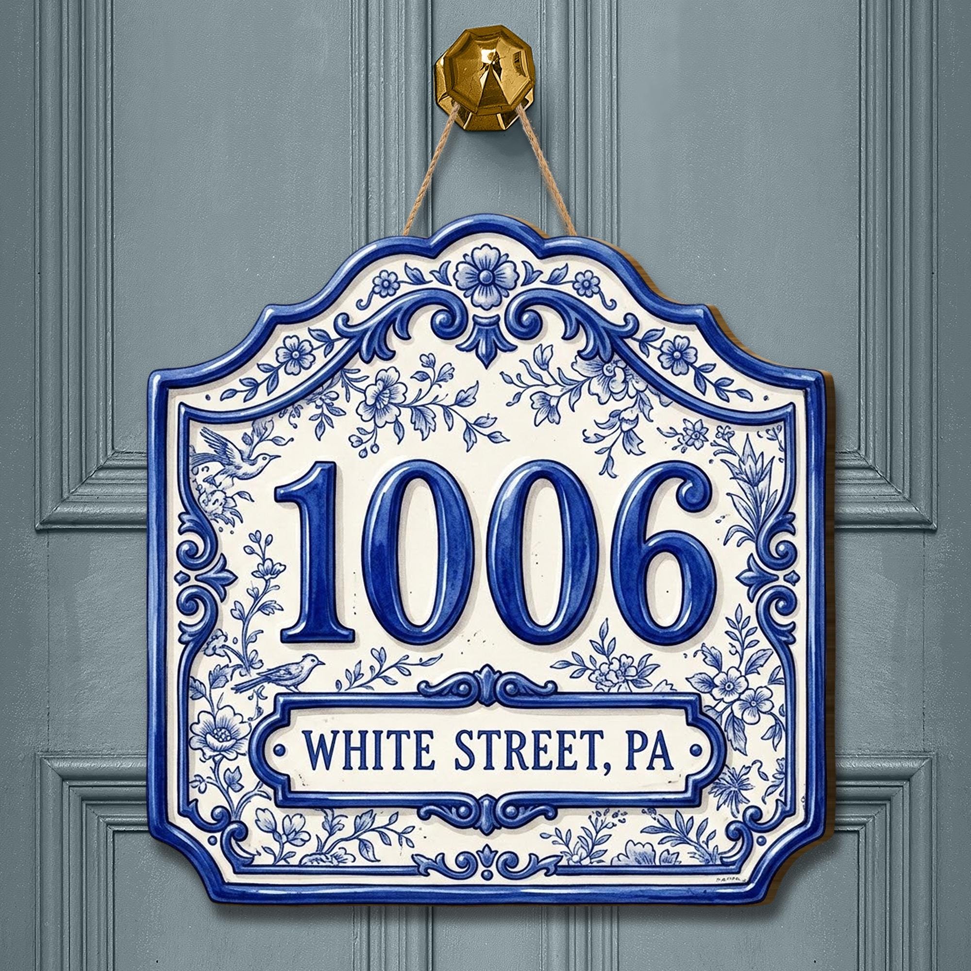 Shape Address Custom Wooden Address Sign: Blue Toile De Jouy Floral Shaped Plaque - Etsy