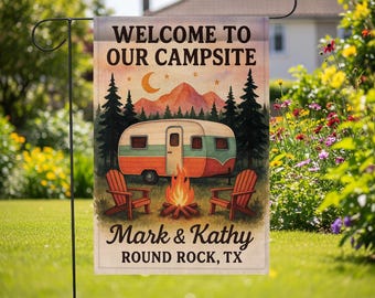 Bandera de jardín de bienvenida a nuestro camping: decoración personalizada para el patio de la caravana con fogata