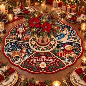 Personalized Quilt Christmas Tree Skirt: Custom Family Name, Nutcracker, Angel, Deer