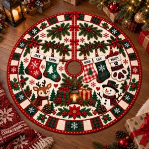 May include: A round Christmas tree skirt featuring a cream background with a red and green plaid border. The design includes five hanging stockings labeled Jack, Emma, Noah, Lily, and Buddy, a reindeer, a snowman, gifts, and a lantern.