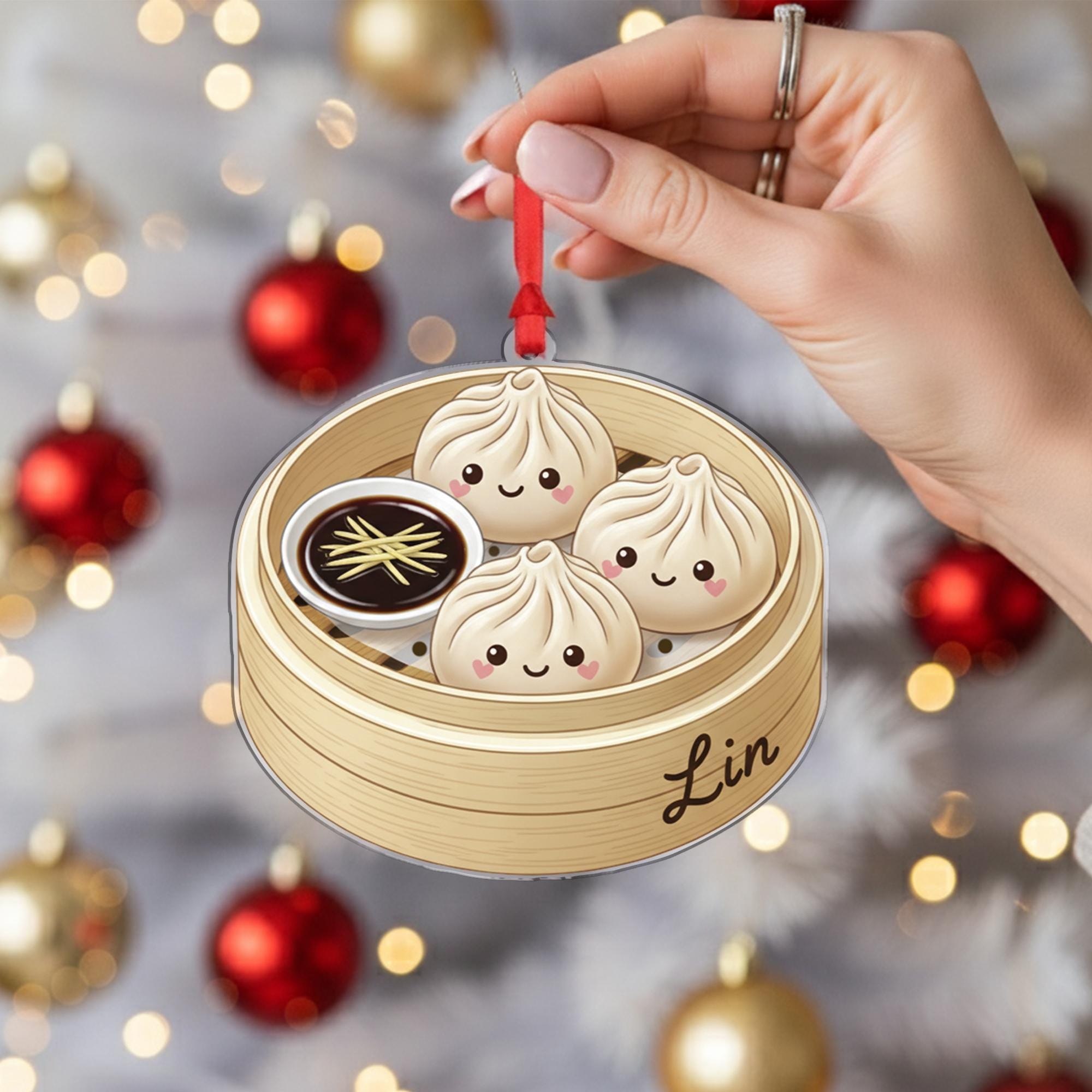 Discover Personalized Dumpling Ornament  Custom Name Food Decoration, Steamer Basket Design, Holiday Kitchen Tree Keepsake