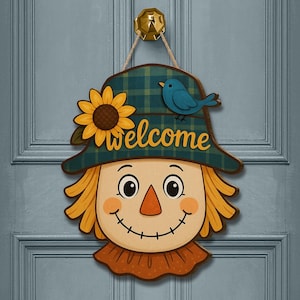 Fall Scarecrow Welcome Sign: Rustic Sunflower Farmhouse Decor
