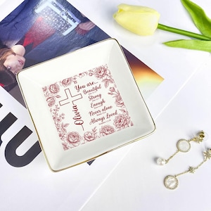 Personalisierte Keramik Schmucktablett: Christian Affirmation Cross, Red Toile Floral