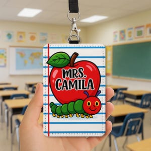 Personalized  Retro Teacher Badge Holder, Apple and Caterpillar ID Card, Back to School Lanyard, Cute Classroom Accessory, Fun Teacher Gift