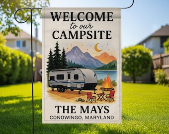 Welcome to Our Campsite Garden Flag: Personalized Camper Yard Sign with Mountains and Campfire