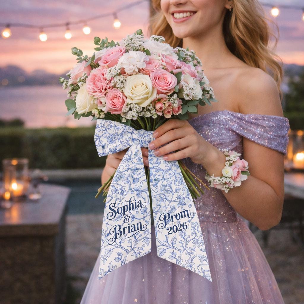 Personalized Prom Bouquet Ribbon, Coquette Sash, Blue Floral Prom 2026 ...