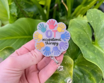 OT Badge Reel: Colorful Handprints, Faux Glitter Occupational Therapy ID Holder