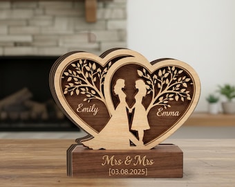 Personalized Mrs & Mrs Wooden Block: Lesbian Wedding Gift, Custom Name Heart Decor