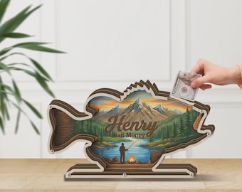 boat money box fish money box Personalized Wooden Piggy Bank: Fishing Bass Shape Custom Name Coin Box