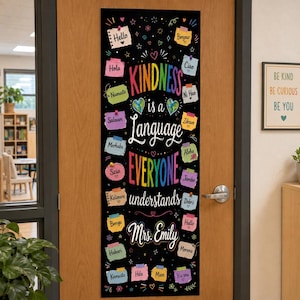 Personalized Classroom Door Tapestry: Custom Language Teacher Sign, Kindness Quote Banner