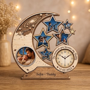 Cornice portafoto personalizzata con fasi lunari e orologio, regalo personalizzato per papà, ricordo per il neo papà, targa in legno con cielo notturno, decorazione per ricordare la nascita del bambino
