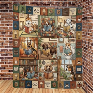 Patchwork Throw Blanket: Reading Dogs Bookworm Quilt Bedding