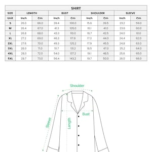 May include: Image of a chart detailing measurements for an all-over print satin pajama shirt. The chart includes sizes S to 5XL, with measurements in inches and centimeters for length, bust, shoulder, and sleeve. A diagram illustrates the shirt's dimensions.