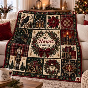 May include: A quilted throw blanket featuring a patchwork design with Christmas and gothic motifs, including a raven, a goat, a nutcracker, skulls, and a central wreath with the text The Harper Family, rendered in deep red, green, and cream colors.