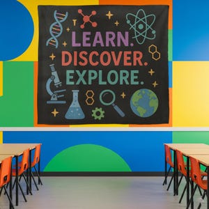 Science Classroom Tapestry, Learn Discover Explore Wall Decor, STEM Poster for Teachers, Back to School Science Banner, Classroom decoration