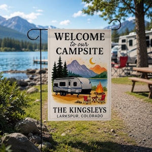 Welcome to Our Campsite Garden Flag: Personalized Camper Yard Sign with Mountains and Campfire