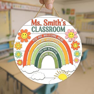 Rainbow Classroom Welcome 2 Layer Sign, Personalized Teacher Door Hanger, Affirmation Wall Decor, Back to School Gift for Teachers