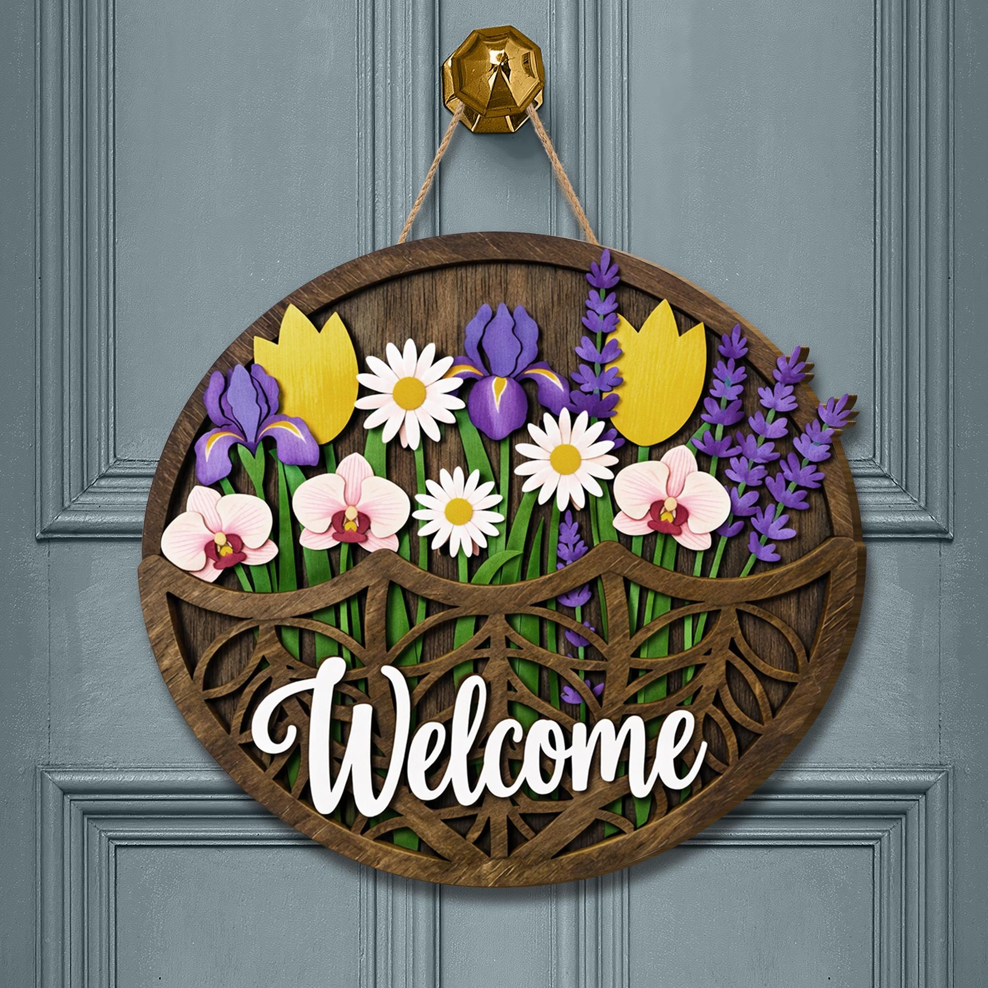 Spring Floral Welcome Door Sign: Round Wooden Badge Door Hanger ...