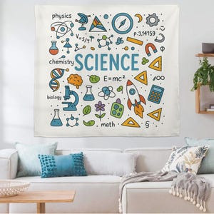 Colorful Science Classroom Tapestry, STEM Wall Art for Teachers, Educational School Banner, Science Decor for Kids Room
