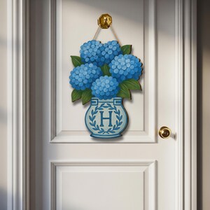 Custom Chinoiserie Wooden Sign: Blue Hydrangea Monogram Door Hanger