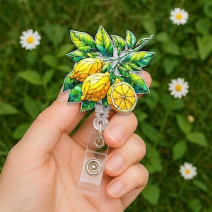 Bobine d'insigne hologramme taché de citron, porte-carte d'identité rétractable avec motif d'agrumes et de feuilles, joli cadeau d'infirmière, accessoire de travail coloré