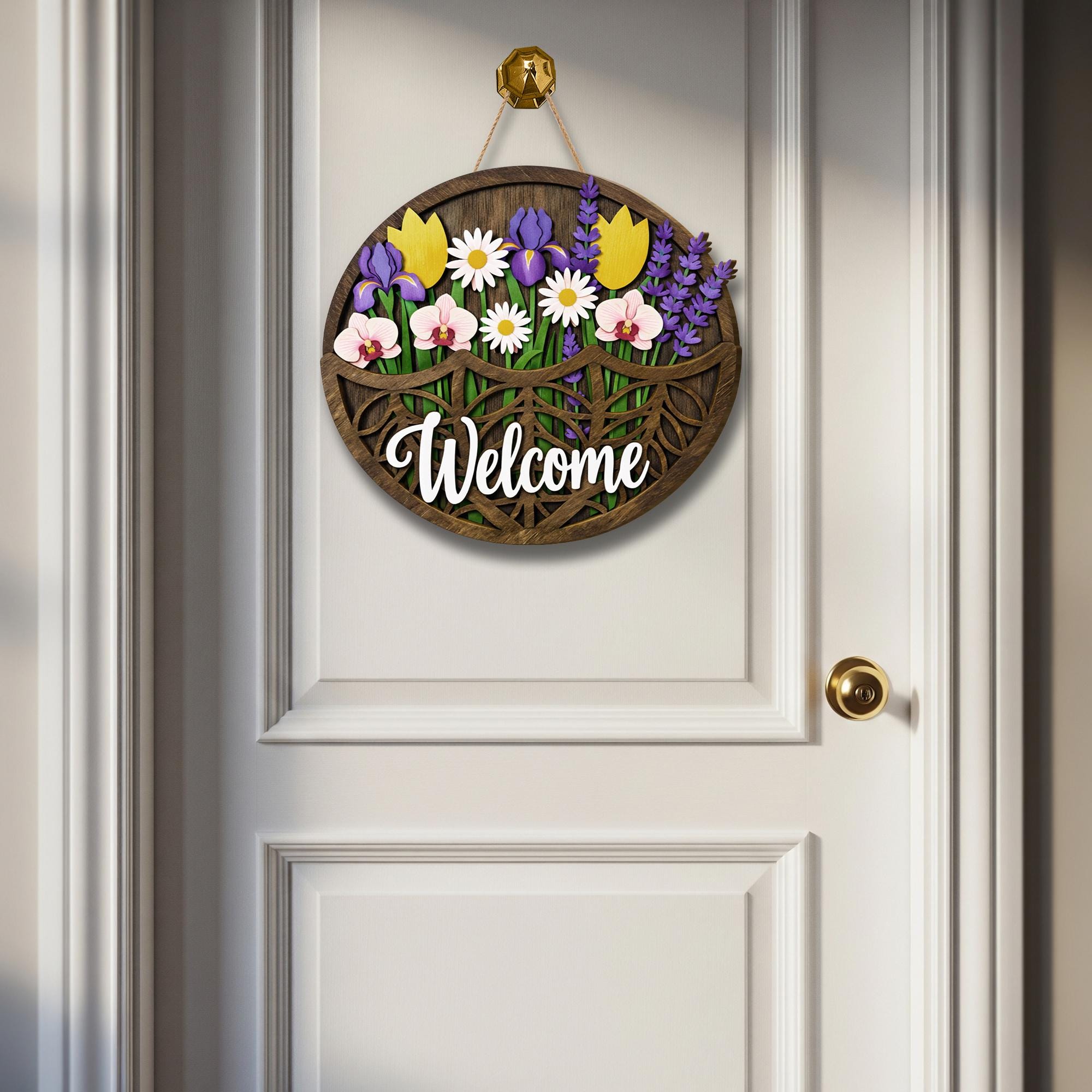 Spring Floral Welcome Door Sign: Round Wooden Badge Door Hanger ...
