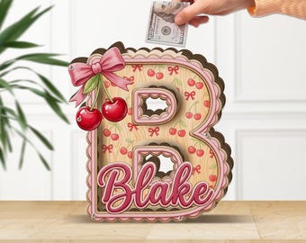 Custom Wooden Coin Bank: Monogram Letter Pink Cherry Pattern