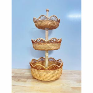 3 Tier Rattan Basket Stand – Handmade Wicker Tray, Boho Fruit Holder, Rustic Snack Display