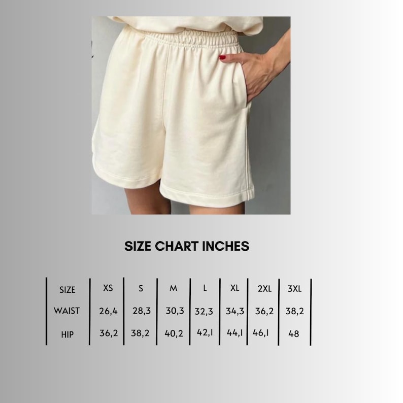 May include: Size chart for shorts in inches. The chart shows sizes XS through 3XL with measurements for waist and hip.